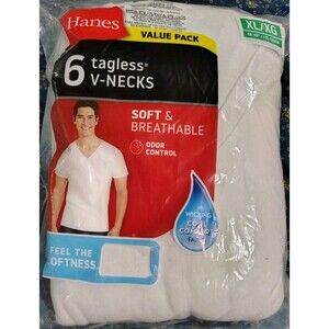Hanes Men V Neck White XLarge 100% Cotton Tagless Odor control 6 Pack Undershirt